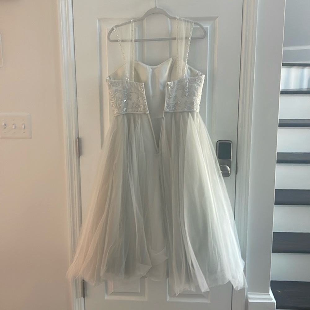 EUC Davis’s Bridal platinum white/ silver tea length tulle wedding dress.